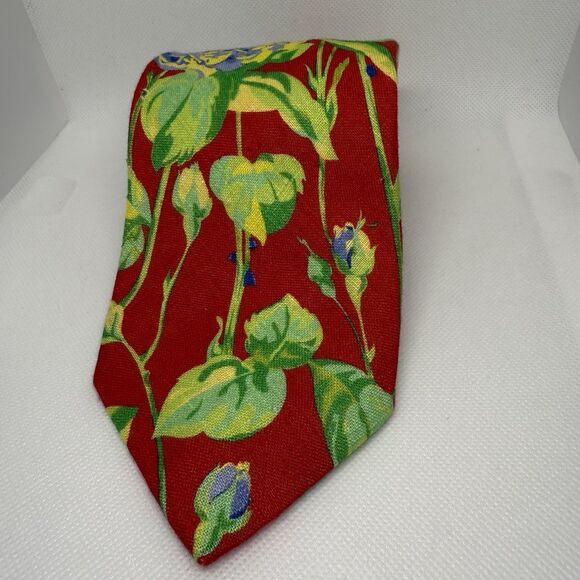 Polo Ralph Lauren Tie 100% Linen Red & Yellow Tropical Roses Hand Made In Italy - Picture 1 of 5